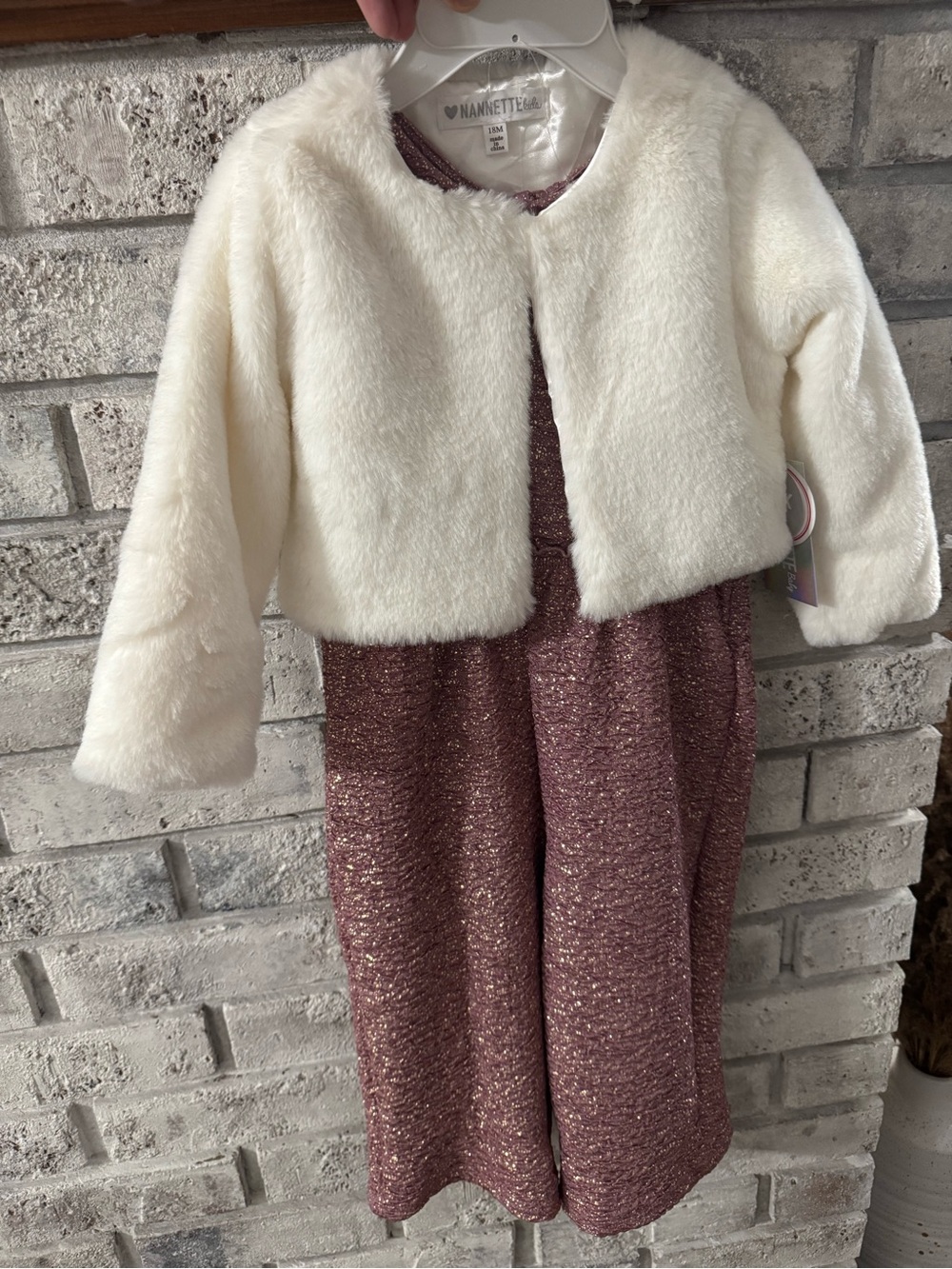 Nannette Cream Faux-Fur Bolero with Shimmery Rose Jumpsuit
